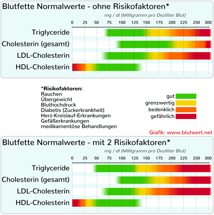 Blutfette Normalwerte - Tabelle mit und ohne Risikofkatoren